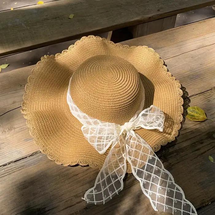 Chapeau de paille élégant printemps-été avec nœud, grand bord, style français, en dentelle, pliable,