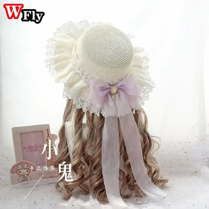 Harajuku-Chapeau de paille d'été pour femmes et filles, couvre-chef de plage, doux, Lolita, princess