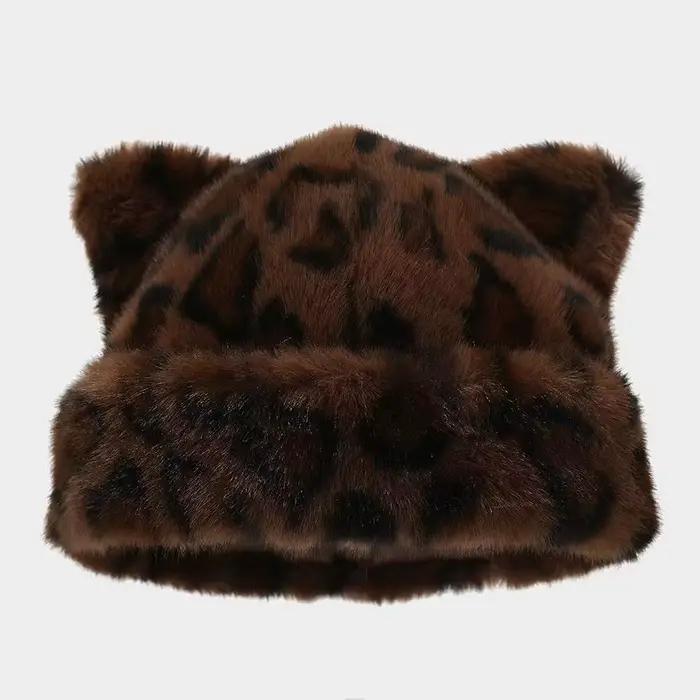 Bonnet en peluche en fourrure imprimé léopard, chapeau d'ours en peluche pour femmes, couvre-chef ép