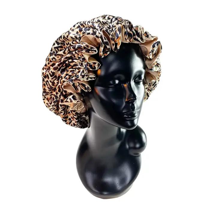 Bonnet soyeux Double couche imprimé léopard, bande élastique réglable, Bonnet de nuit en Satin de ha