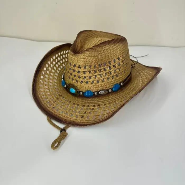 Chapeau tissé bleu turquoise de style bohème avec chapeau de cowboy en paille Panama, chapeau d'été 