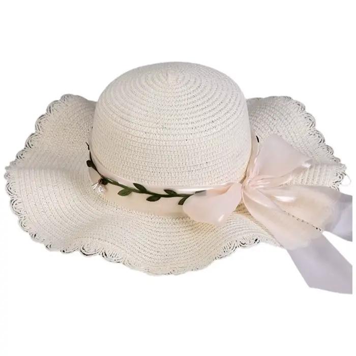 Chapeau de paille décontracté coloré à nœud, style bohème, à large bord, tressé, ajouré et respirant