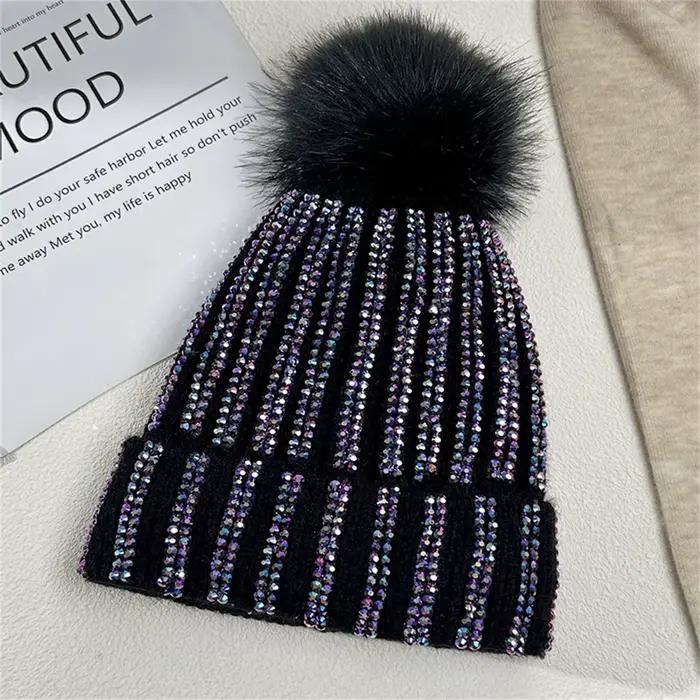 Bonnet tricoté Pom-Pom en strass pour femmes, mignon, polyvalent, chaud, bonnet de Ski Buffet