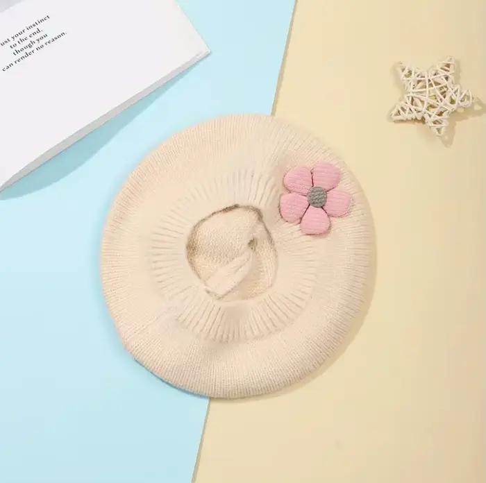 Béret à fleurs mignon pour bébés filles de 0 à 4 ans, tissu tricoté 100% coton, bonnet en tricot lég