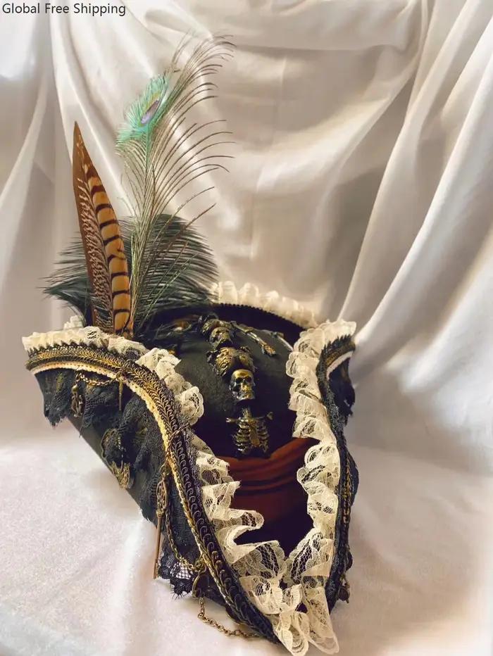 Chapeau de Pirate rétro gothique, chapeau tricorne en perles, fête d'halloween, Cosplay, plume de Pi