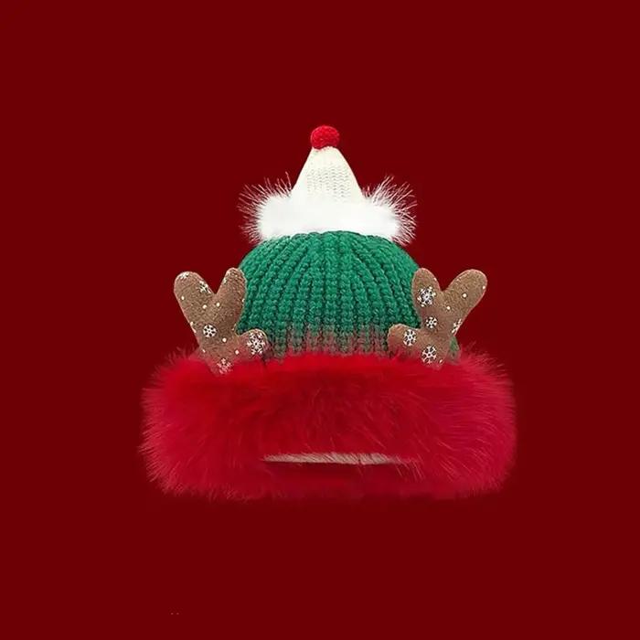 Casquette de noël en peluche douce, chapeau en laine tricoté rouge, coupe-vent, vert, grand pull, ca