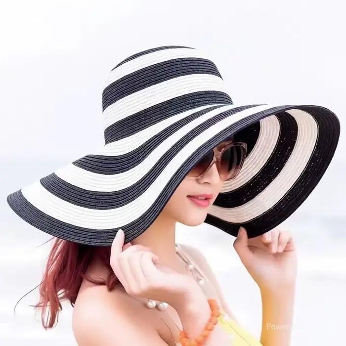 Chapeau de plage en paille à large bord rayé noir et blanc, rouge et bleu, classique, pour femme, pr