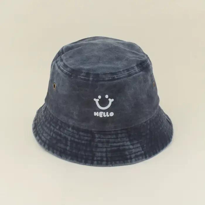 Chapeau d'été pour bébé, chapeau seau avec visage souriant et lettres Hello pour filles, couleur uni
