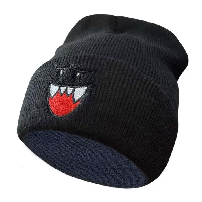 Chapeau tricoté brodé Happy Face, chapeau en laine chaud décontracté pour couple d'automne et d'hive