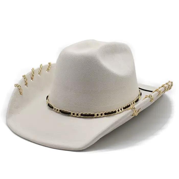 Chapeau de Cowboy occidental tendance pour hommes et femmes, avec chaîne en métal, visière en daim à