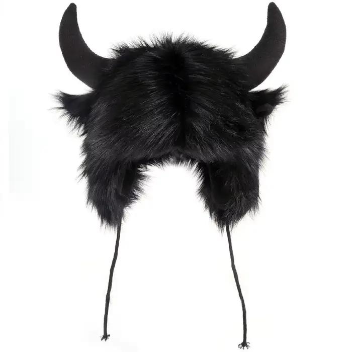 Chapeau Bullhead unisexe de haute qualité, chapeau Bison épais et moelleux, coupe-vent avec cornes, 