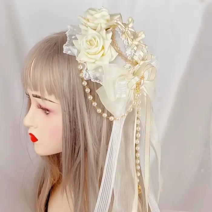 Chapeau gothique Lolita noir, Barrettes à fleurs de roses, coiffure Lolita, accessoires pour cheveux