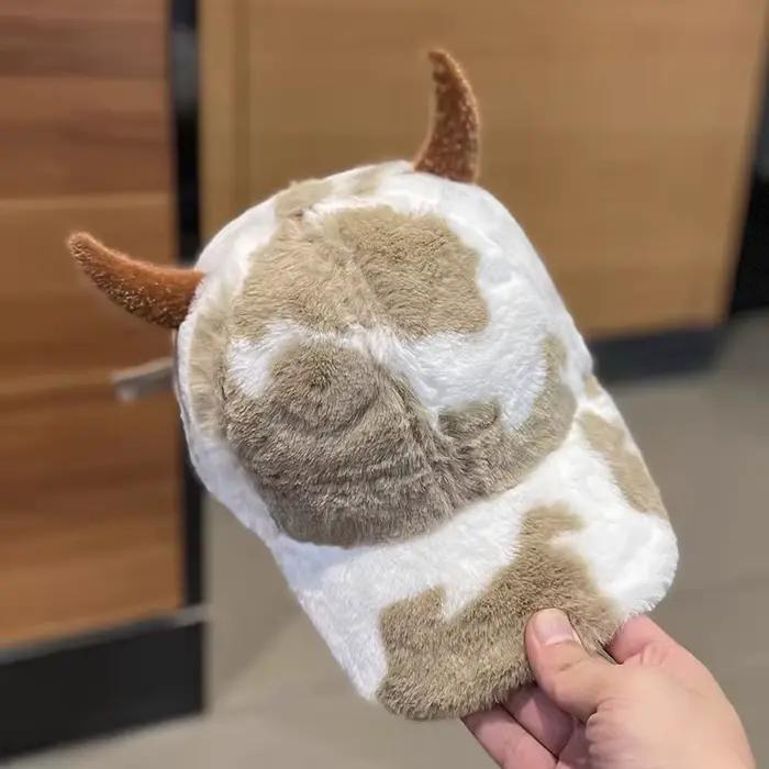 Chapeau en peluche avec cornes de bœuf amusantes, épais, chaud, mignon, vache au lait, casquette de 