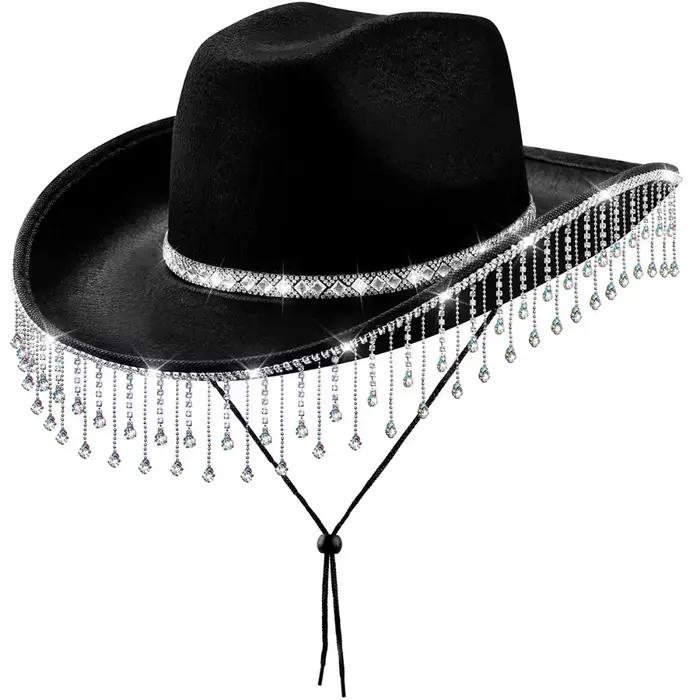 Chapeau de cowboy rétro brillant à large bord, style ethnique, avec strass et pompons, chapeau de ja