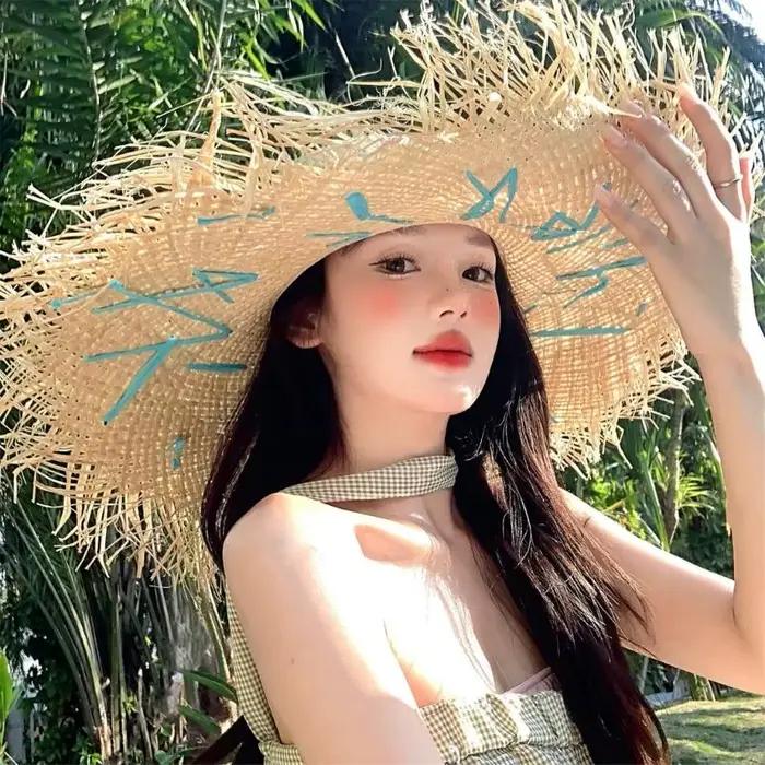 Chapeau paille en papier à mode avec lettres brodées, chapeau soleil rond, parfait pour les voyages 