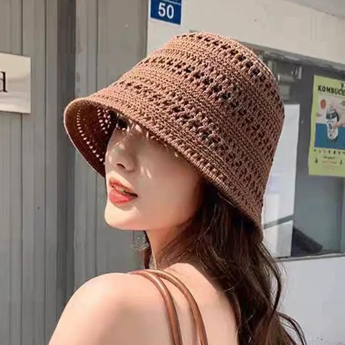 Chapeau de pêcheur en tricot ajouré, chapeau de plage en paille, chapeau de soleil décontracté pour 