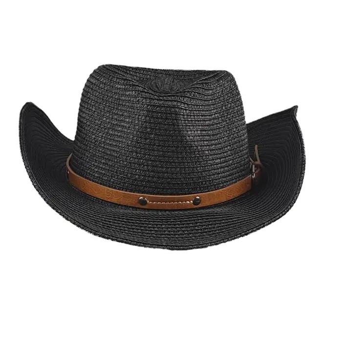 Chapeau de paille à large bord enroulable, chapeaux de Cowgirl occidentale d'été pour femmes et homm