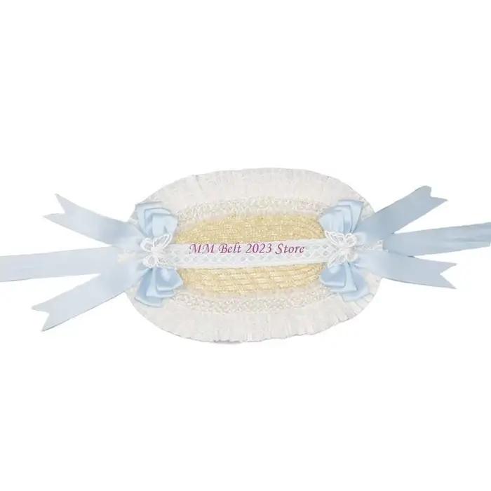 49ME – Bonnet victorien fait à main, avec nœud papillon en dentelle, chapeau soleil Panama en paille