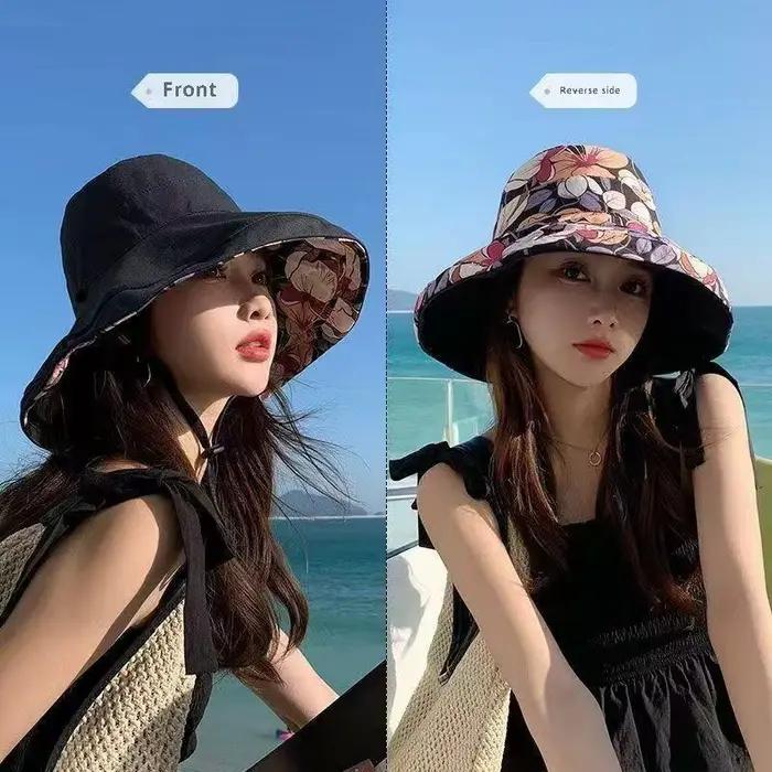 Chapeau de vacances pour femmes, imprimé floral, réversible, à large bord, protection solaire