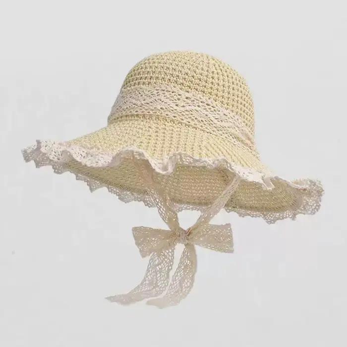 Chapeau de paille à large bord pour femme, style coréen, avec nœud floral, respirant, protection sol