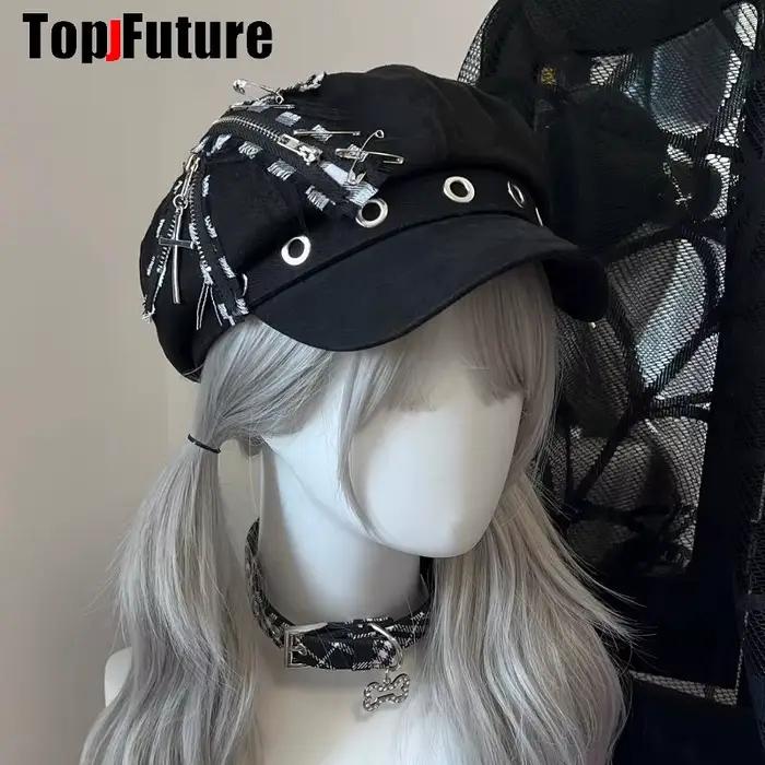 Béret gothique Harajuku Lolita pour femmes, casquette Y2K pour filles, Steampunk Punk, fermeture écl
