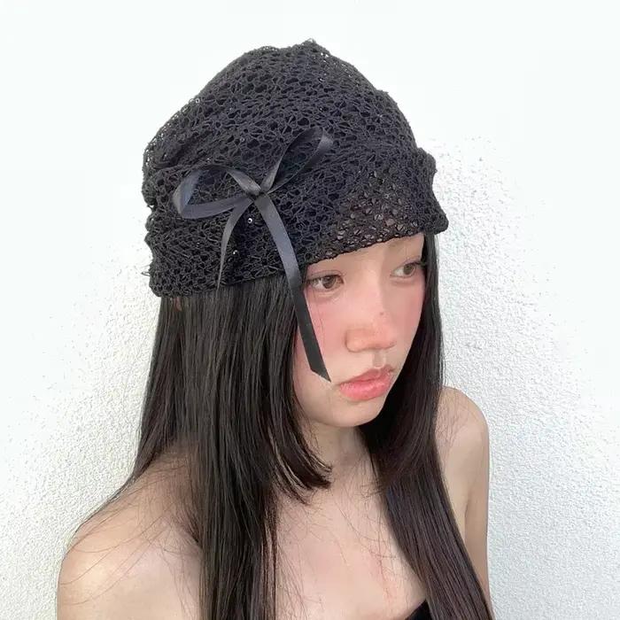 Niche littéraire noir dentelle tricoté chapeaux pour femmes été décontracté polyvalent mode nœud con