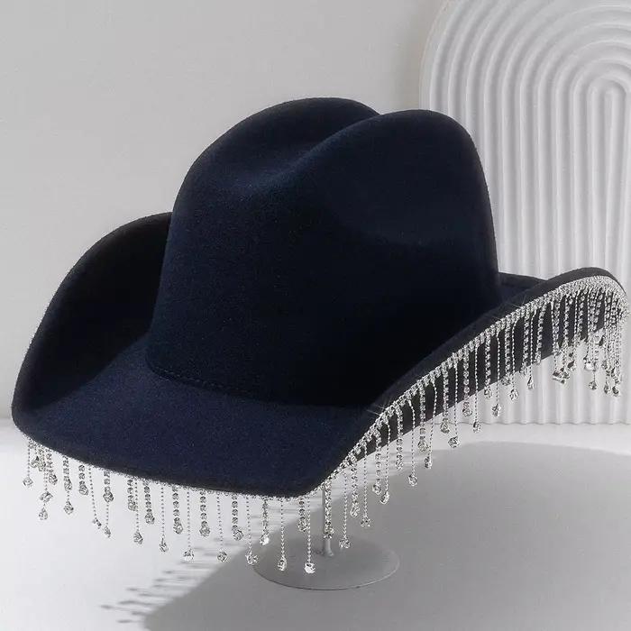 Chapeau de Cowboy occidental en feutre avec pompon, chapeau de soleil à Large bord, grande circonfér