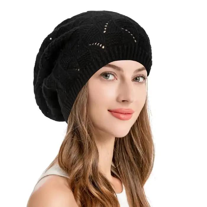 Béret tricoté pour femmes, chapeau de couleur unie ajouré, casquette d'artiste français, bonnet fin 
