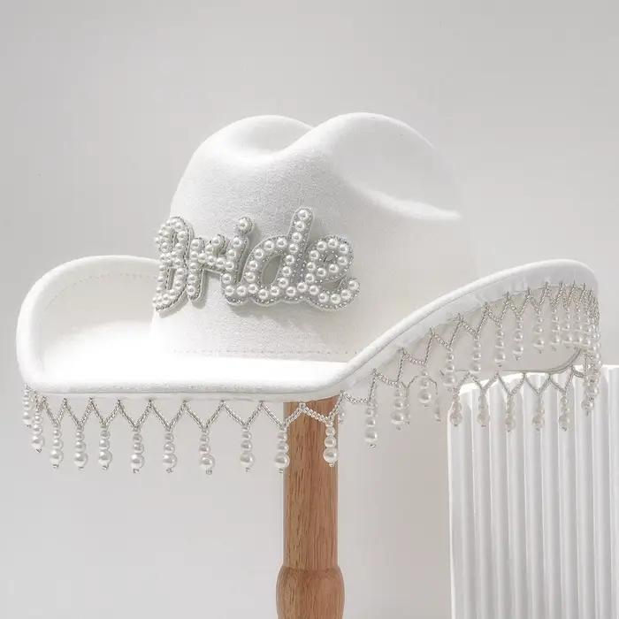 HongLuan blanc feutre mariée Cowboy chapeaux femmes et Cowboy chapeau strass femme, accessoires de F