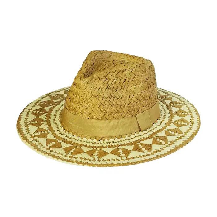 Chapeau de cowboy occidental bicolore pour homme, à large bord, motif géométrique, avec bande ethniq