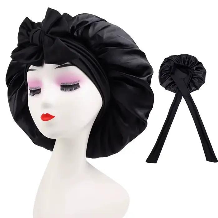 Bonnet de nuit en soie réglable avec bande à nouer pour femmes et hommes, bonnet de soin des cheveux