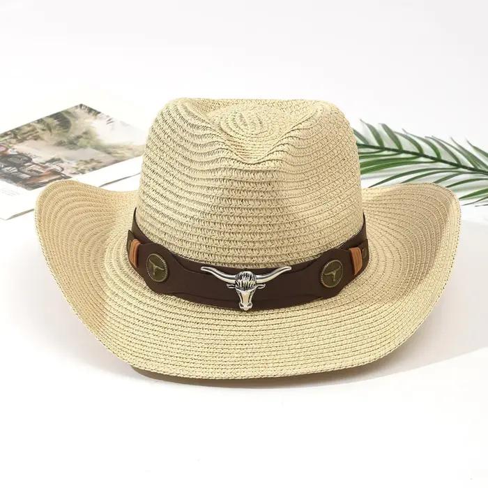 Chapeau de cowboy vintage en paille style western unisexe avec boucle de ceinture décorative, idéal 