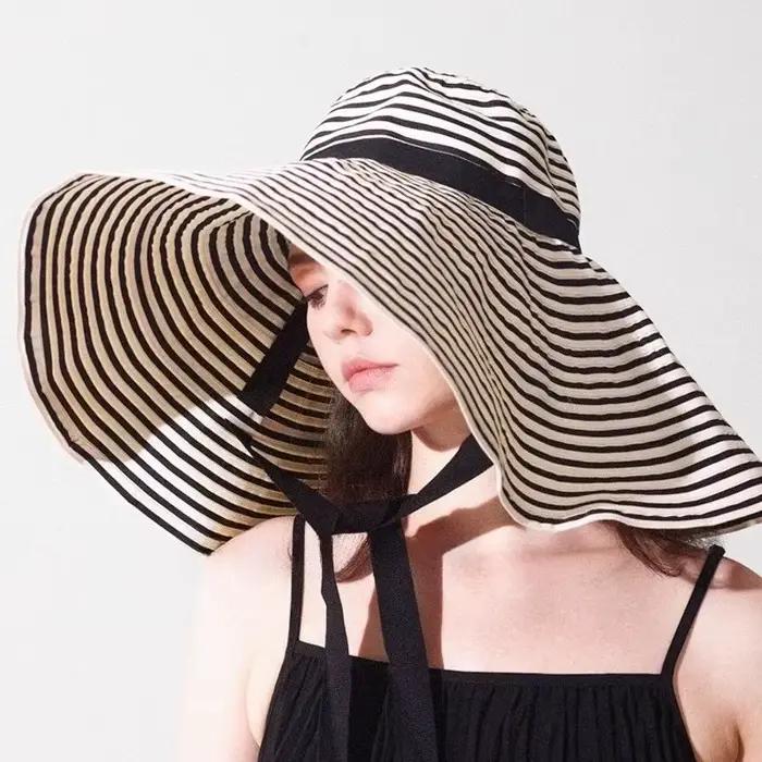 Chapeaux de pêcheur de soleil à rayures Beige et blanches à large bord pour femmes, Protection UV d'