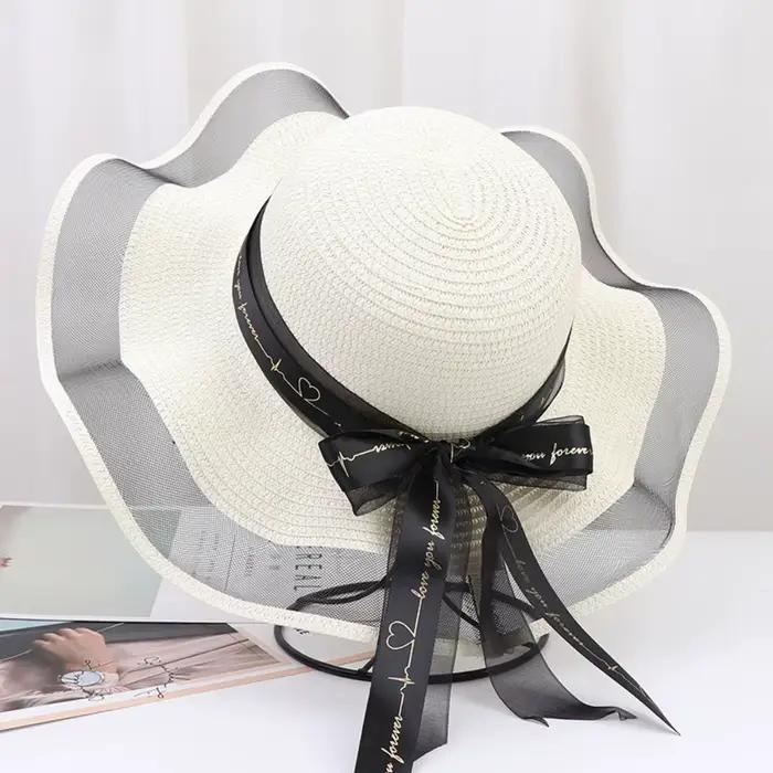 Chapeau de paille élégant avec protection UV, nœud tressé, chapeau de plage, chapeau de soleil à rub