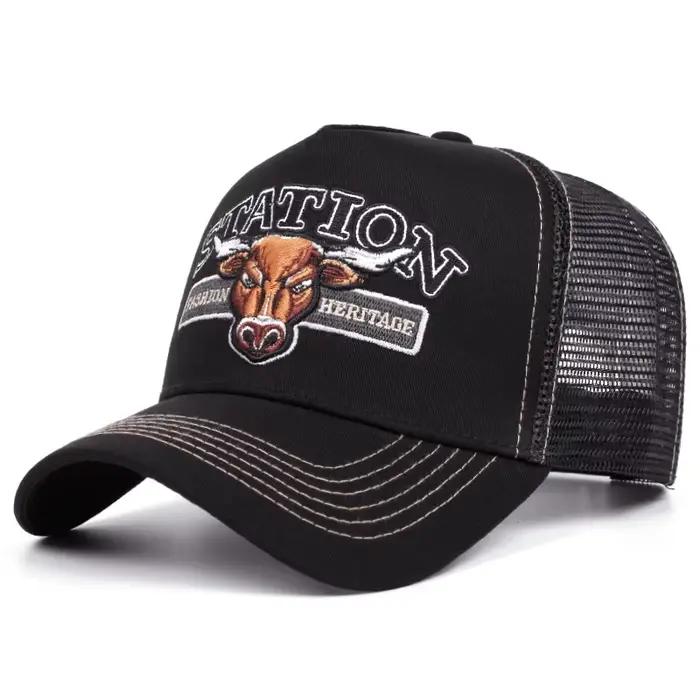 2025 New American Vintage Bull Head Trucker Hat Sun Protection Mesh Breathable Trendy Snapback Cap H