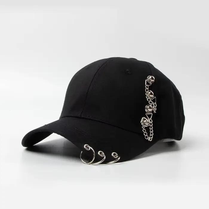 Casquette de baseball noire tendance avec trois anneaux et clous, chapeau d'été pour femmes et homme