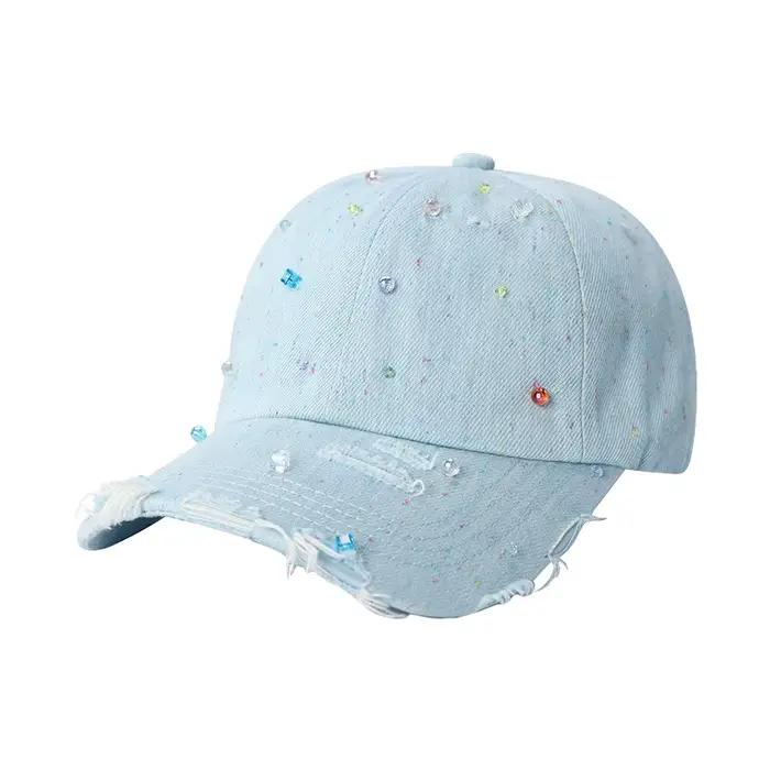 Casquette de baseball en jean déchiré pour femme ELFSACK avec perles colorées, chapeau à bord effilo