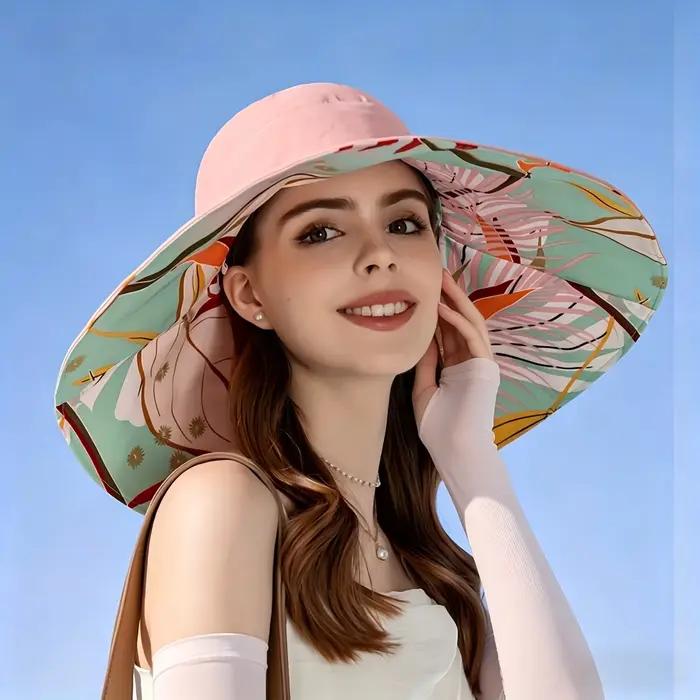 Chapeau bob double face à large bord imprimé feuilles + manchons rafraîchissants, chapeau de soleil 