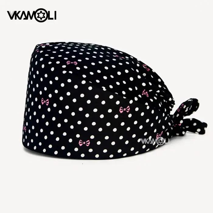 Chapeau de gommage imprimé avec nœud à pois noirs, chapeau de salle d'opération, chapeau de travail 