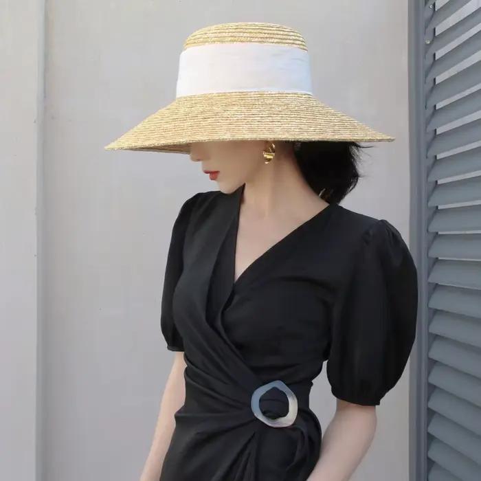 Chapeau de paille d'été français élégant pour femmes, chapeau de soleil, ruban à nœud, haut plat, gr