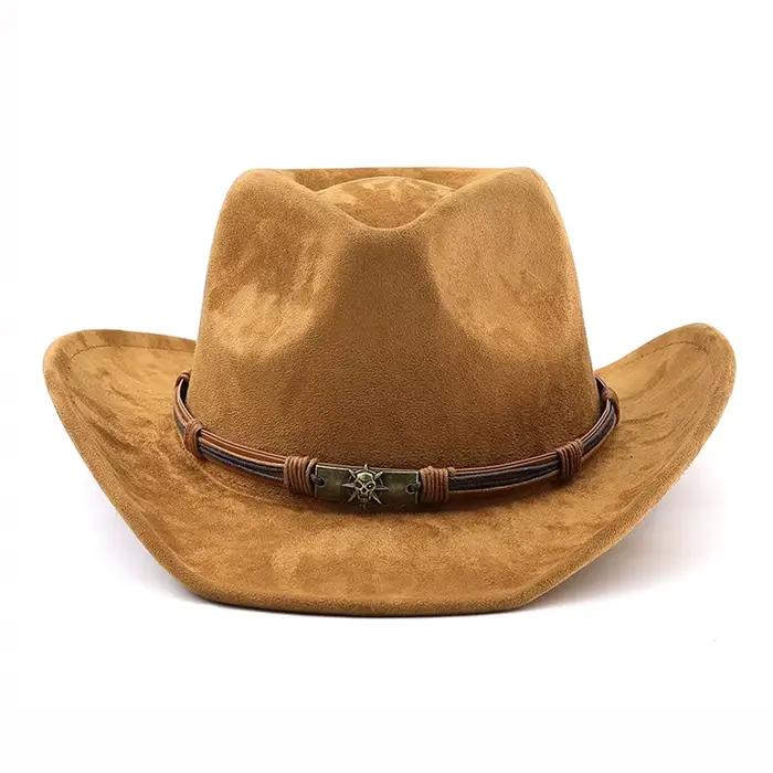 Chapeau de Cowboy occidental en daim pour hommes et femmes, chapeaux de Jazz en feutre à bord roulé 