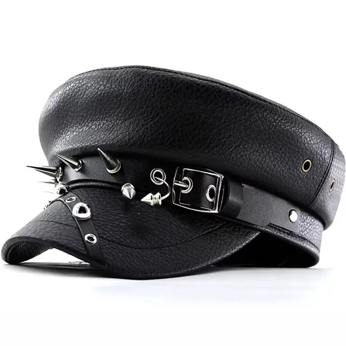Béret tendance pour femmes, casquette militaire en cuir Pu noir à dessus plat, accessoires pour femm