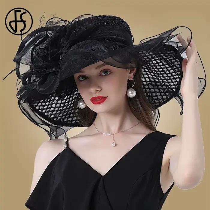 Chapeaux d'élasticité en organza pour femmes, Fascinateurs de mariée élégants, Fedora à grand bord, 