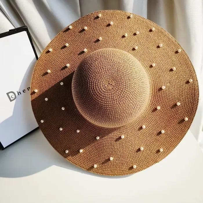 Chapeau de paille perlé fait main pour femme, large bord, style jazz, idéal pour l'été, les vacances