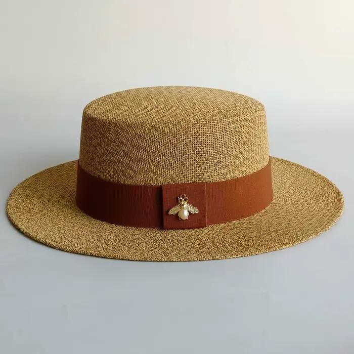 Chapeau de soleil à bord plat 2026, chapeau de paille tissé délicatement, chapeau de paille d'été, c
