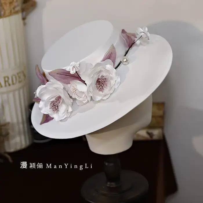Chapeau de Mariage en Satin Blanc avec Fleur Violette pour Femme, Élégant Chapeau Fedora de Banquet 
