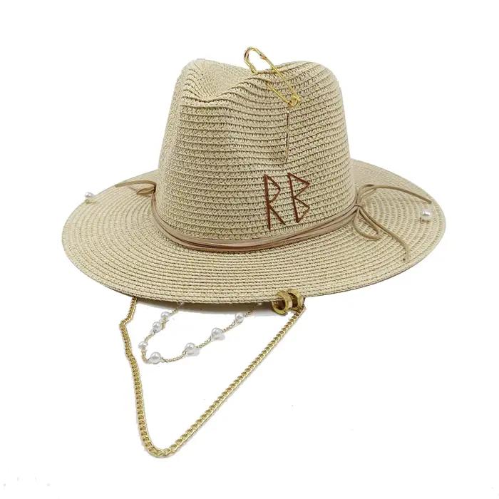 Chapeau de paille classique personnalisé, design fait à la main, chaîne de perles, chapeau de soleil