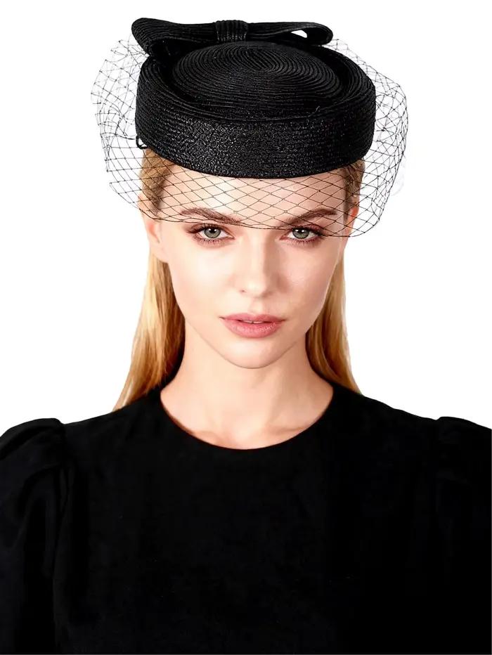 Chapeaux Pillbox blancs FS avec voile, fascinateur en paille noire pour femme, béret français, chape
