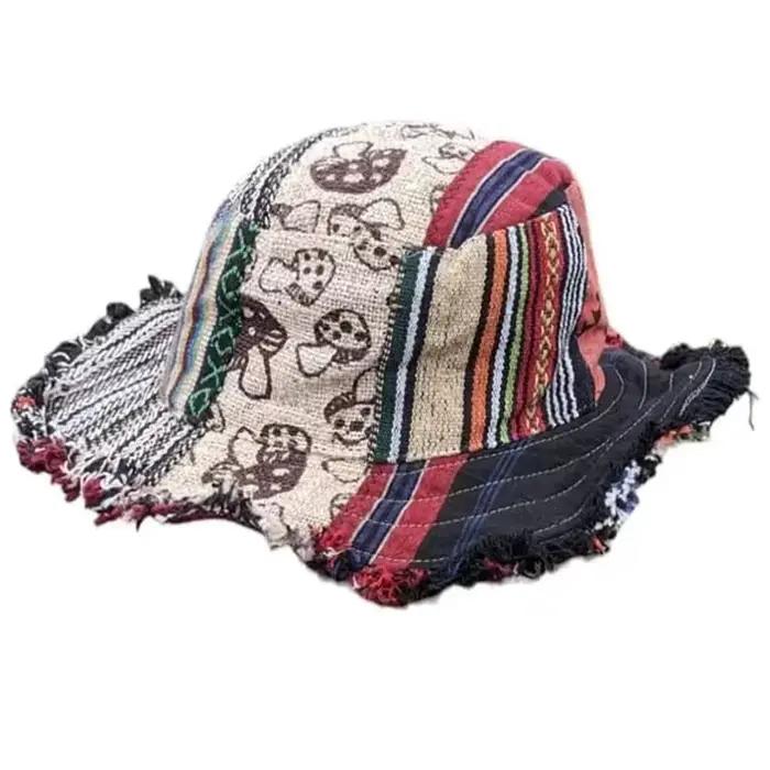 Nouveau Chapeau en chanvre patchwork multicolore motif champignon avec poche cachée, style bob, chap