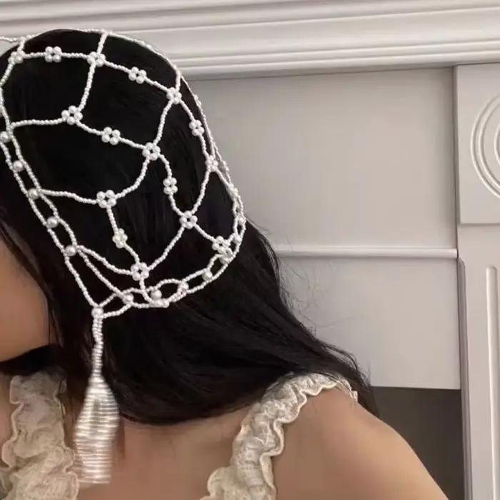 Bonnet tricoté à perles rondes et franges en crochet pour femme, style rétro, ajouré et respirant, p